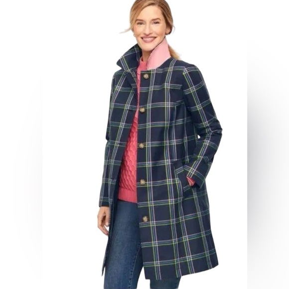 Talbots navy plaid trench coat with pink lining